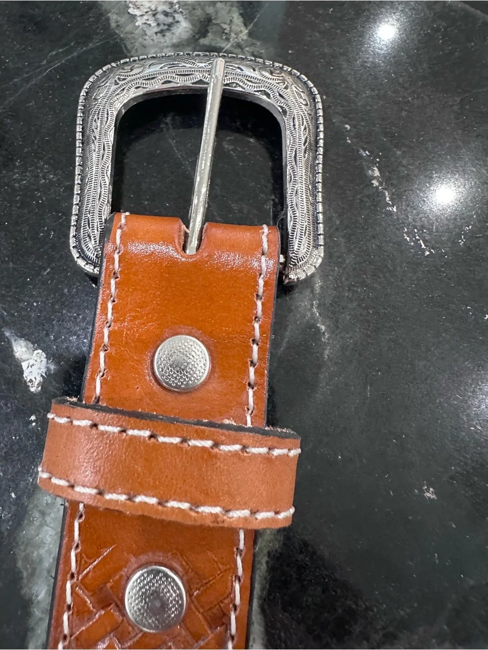 Tooled Brown Belt with Engraved Silver Buckle